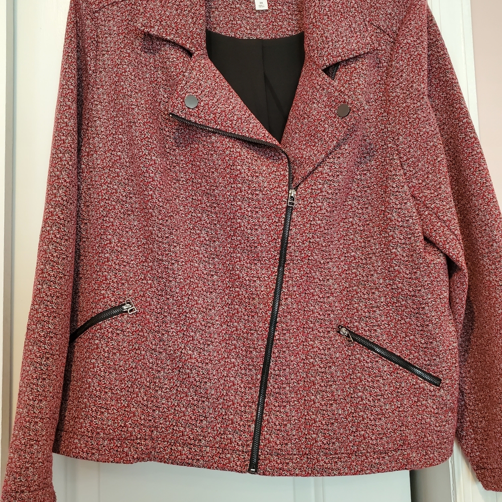 Womens Red White Black Tweadish Moto Blazer With Gun Metal Accents